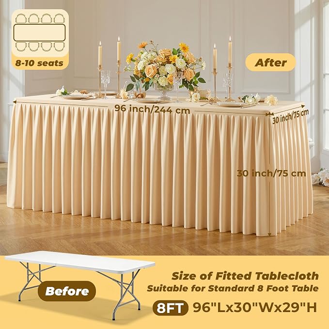 Dark Champagne Polyester Table Cloths for Rectangle 8 Foot Tables, 1 Pack Wrinkle Free Tablecloths Stretchy Banquet Ruffle Fitted Table Cover Desk Skirt for Parties Wedding Birthday Baby Shower