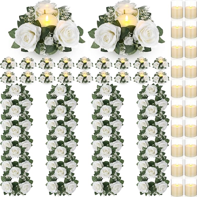 Yunlly 20 Pcs Rose Candle Rings with Flameless Candles Sets, Artificial Flower Eucalyptus Wedding Centerpiece 3 Inch Pillar Candleholders Wreaths for Wedding Party Mother's Day (White)