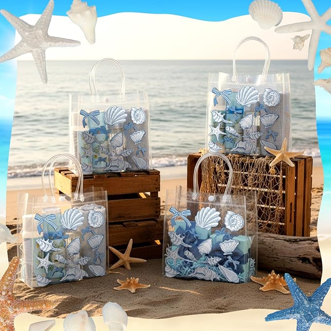 Teenyyou 24 Pcs Ocean Seashell Beach Gift Bags with Handles Starfish Shell PVC Gift Bags Candy Treat Tote Party Favor for Birthday Party Supplies