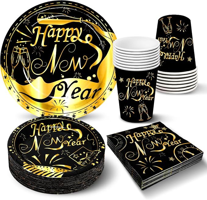 KatchOn, New Years Eve Party Plates, Cups and Napkins sets - Serves 16 Guests | New Years Eve Party supplies 2026 | Nye dinner set, New Year decorations | Nye Party Essentials for Happy New Year 2026