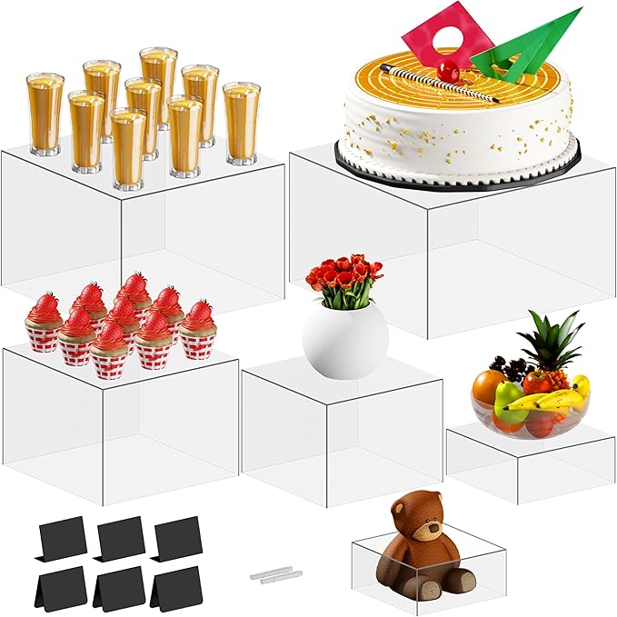 6 PCS 12" to 6.8" Clear Buffet Risers with Mini Sign and Makers, Large Food Risers for Buffet Table, Display Shelf Stands for Party, Catering, Dessert, Jewelry Collectibles, Nesting Cube Boxes with Hollow Bottoms Set (12",10",9",8",7.5",6.8")