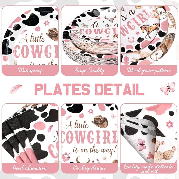 Pickmesh 250 Pcs Cowgirl Baby Shower Little Cowgirl Is on the Way Party Decorations Wild Western Theme Disposable Plates Napkins Cups for Baby Shower Party Supplies Serve 50