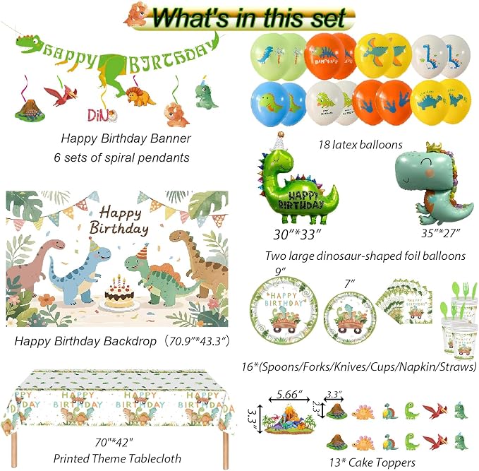 Cartoon Dinosaur Themed Happy Birthday Party Decorations, Plates Napkins Cups Tableware, Dino Backdrop Tablecloth, Happy Birthday Banner, Cake Topper, Colorful Printed Balloons for Kids Adults