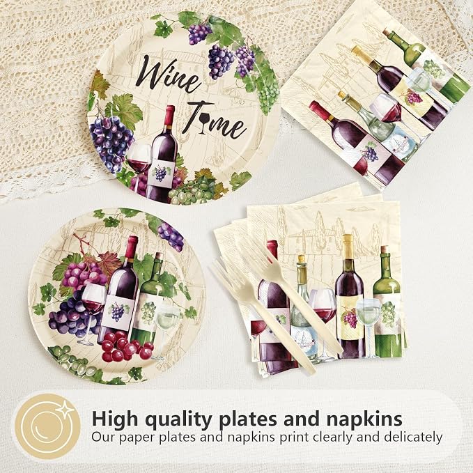 96Pcs Wine Tasting Party Supplies Red Wine Plates and Napkins Purple Grapes Vineyard Tableware Set for Women Girls Bridal Shower Drinks Theme Party Decorations Serves 24