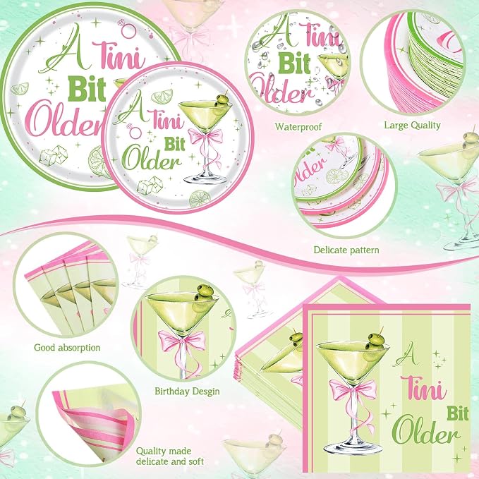 Pickmesh 400 Pcs A Tini Bit Older Birthday Party Plates and Napkin Decoration Martini Cups Knives Hot Pink & Green Paper Tableware for Women Birthday Bridal Wedding Baby Shower Supplies Serve 50