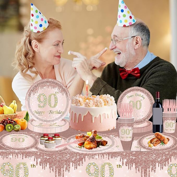121Pcs 90th Birthday Party Supplies Plates Napkins Cups Forks Tablecloth Rose Gold Happy 90th Birthday Themed Disposable Tableware Decorations Serves 24 Guests for Women 90 Years
