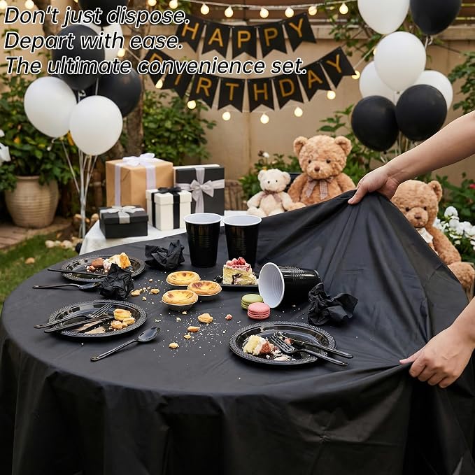 352 Pcs Black Plastic Plates Party Set, 50 Guests Disposable Dinnerware Set with Black Tablecloths, Elegant Black Plastic Plates Party Set for Wedding/Corporate Event/Formal Dinner/Gala