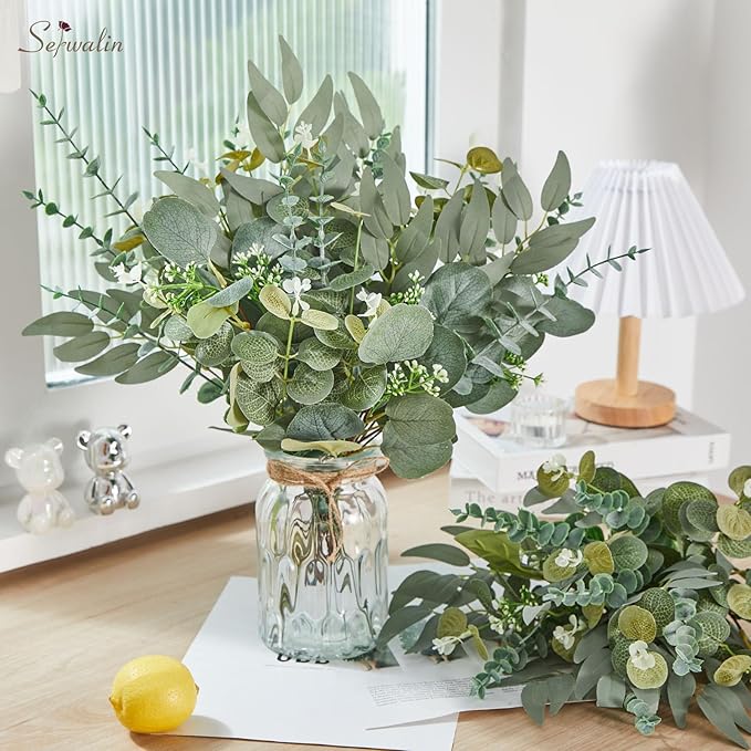 Serwalin 35pcs Artificial Mixed Eucalyptus Stems Leaves Bulk, 4Kinds Fake Greenery Silver Dollar Eucalyptus Leaves Picks,Faux Greenry Stems Sprays for DIY Bouquets Floral Arrangement Home Decor