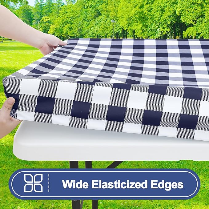 Smiry Picnic Table Cloth 4 Pack, Waterproof Elastic Fitted Tablecloths for 8FT Rectangle Tables, Washable Polyester Buffalo Plaid Tablecloth for Camping, Dining & Outdoor (Navy & White, 30" x 96")