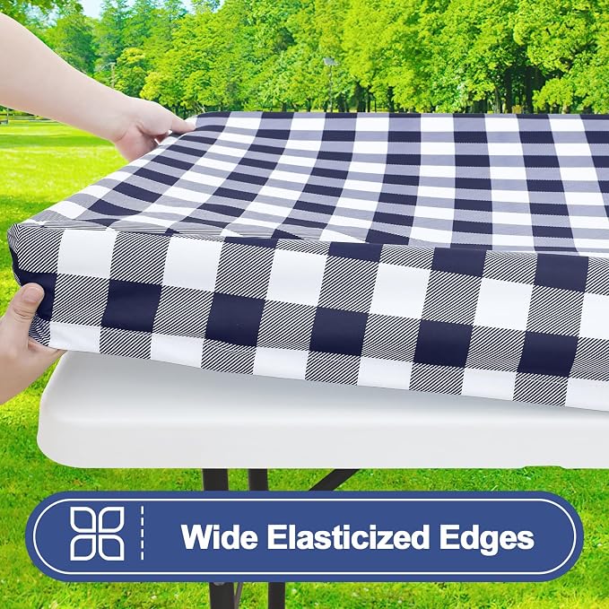 Smiry Picnic Table Cloth 6 Pack, Waterproof Elastic Fitted Tablecloths for 8FT Rectangle Tables, Washable Polyester Buffalo Plaid Tablecloth for Camping, Dining & Outdoor (Navy & White, 30" x 96")