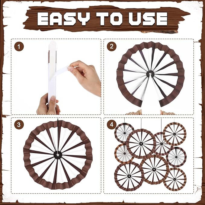 Outus 9 Pcs Western Cowboy Party Decorations Paper Fans Wagon Wheels Straw Hay Bales Hanging Ceiling Wall Decor for Country Western Themed Rodeo Farm Birthday Party Supplies (Wagon Wheels)