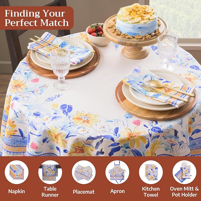 Maison d' Hermine Table Cloth Round Table 100% Cotton 69 Round Inches Tablecloth Reusable Decorative for Dining Kitchen Room Farmhouse Party Home Hotel Restaurant Spring Summer - Girassol