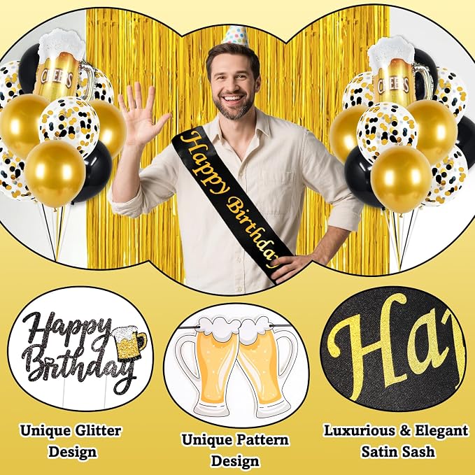 Black and Gold Birthday Decorations, 45PCS Happy Birthday Balloons Decorations for Men with Balloons Banner Sash Foil Fringe Curtain, Black and Gold Party Balloon Decoration Supplies for Men Boys
