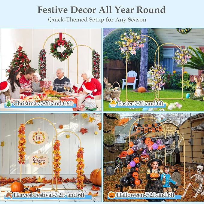 Arch Backdrop Stand, 7.2FT 6FT Wedding Arch Gold Set of 2, Metal Balloon Arch Kit Stand with Base for Gender Reveal Ceremony Birthday Anniversary Bridal Graduation Party Event Background Decoration