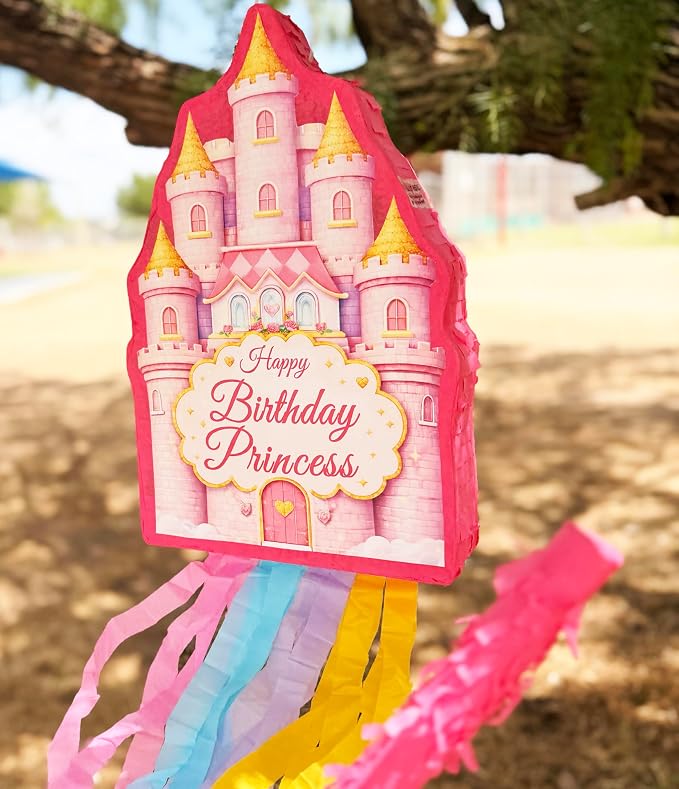 Jergrim Princess Castle Happy Birthday Pinata 4 Piece Set, 11"x17" Perfect For Girl Party Decorations, Once Upon A Time Piñata 5th, 6th 7th B-day Piñatas, Fits Candy & Party Favors