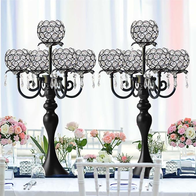 5 Arm Elegant Crystal Candle Holder,Candlestick for Wedding Table Centerpiece, 22 Inch Tall Candle Holder Table Candelabra Event Party Table Centerpiece,Home Decoration. (4, Black, Round Crystal)