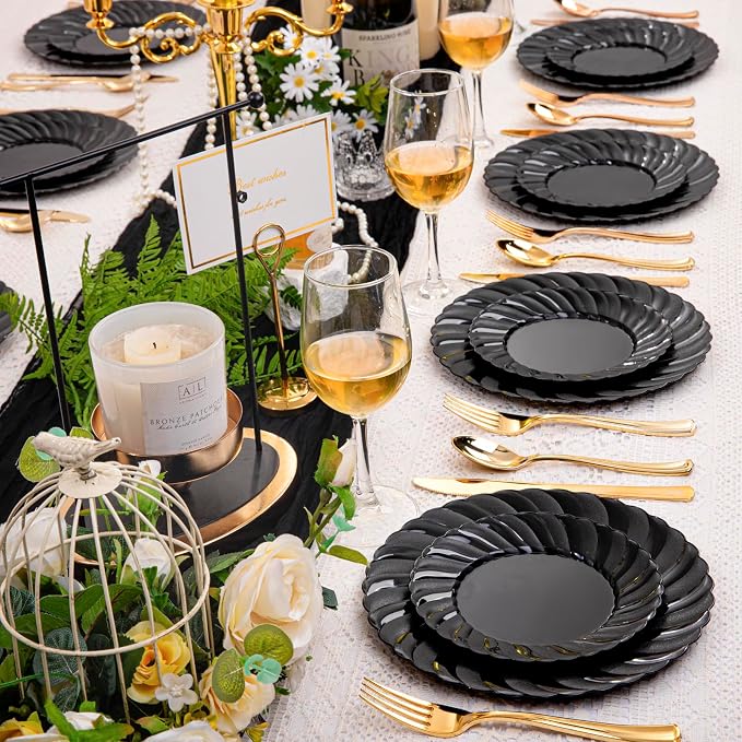 U-QE 100PCS Black Plastic Plates, Heavy Duty Black Disposable Plates Including 50PCS 9inch Dinner Plates & 50PCS 6.5inch Dessert Plates -Hard Plastic Plates for Party Wedding Bridal Shower