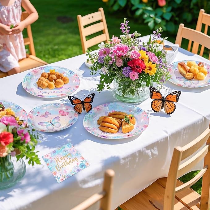 Greencian 96Pcs Butterfly 6th Birthday Party Decorations Butterflies Theme Disposable Sets for Girl Colorful Butterfly Plates, Napkins and Forks, 8 Years Old Birthday Party Supplies Serves 24