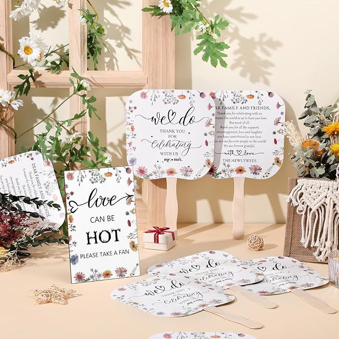 Fumete Wedding Favors for Guests 50 Pcs Wedding Fans and 1 Pc Table Sign Portable Paper Fan with Wooden Handle Hand Fan for Bridal Shower Party Favor Appreciation Gift(Wildflower)