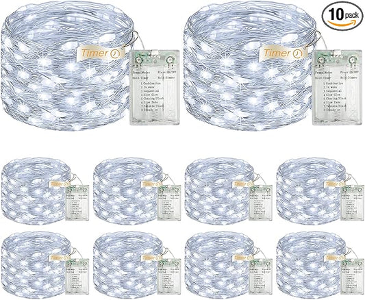 10 Pack 16FT 50 LED Fairy Lights Battery Operated with Timer, 8 Modes USB Mini Twinkle Light, Small String Lights for Christmas Tree Wreath Vase Bedroom DIY Wedding Decorations-Cold White