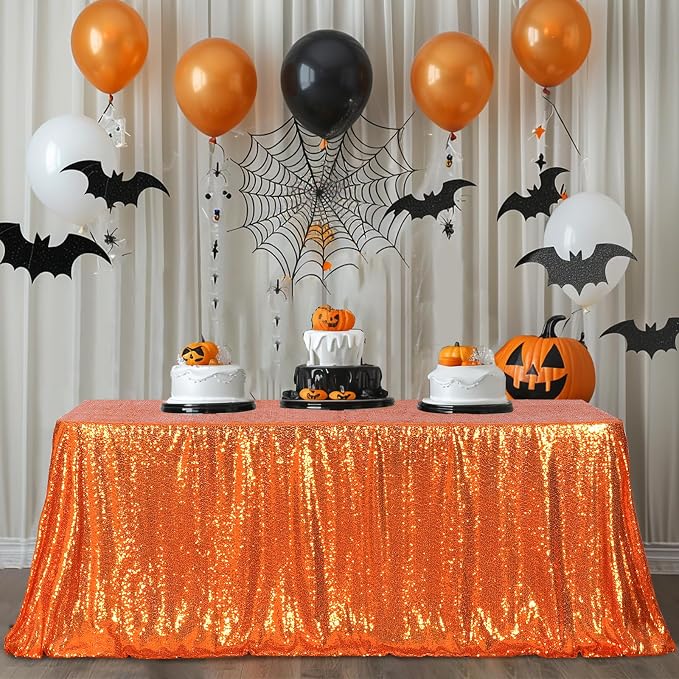 Poise3EHome Orange Sequin Tablecloth 60×120 Inch Rectangle Sequin Fabric Table Cloth for Halloween Birthday Party Wedding Christmas Holiday Cake Table Decoration