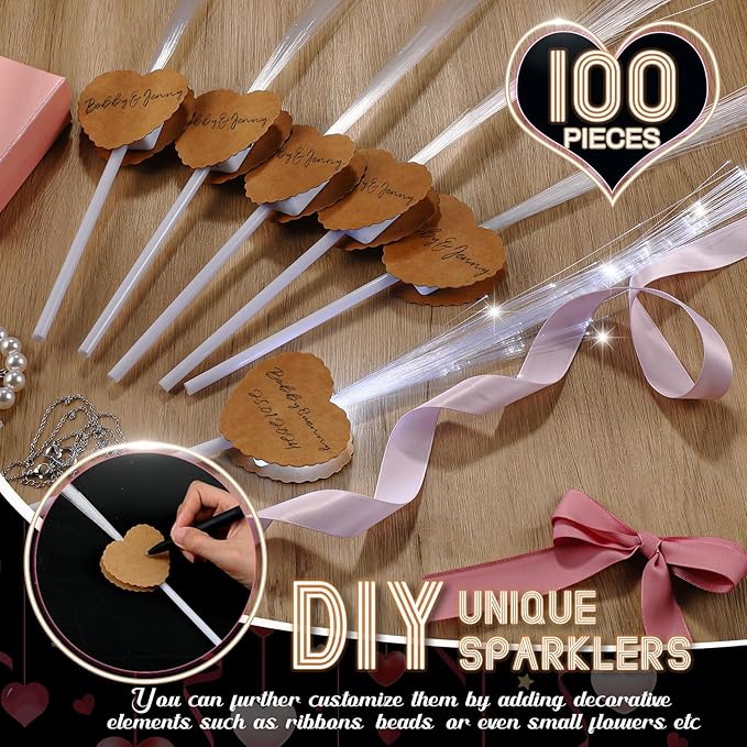 100 Pcs LED Wedding Sparklers Glow Sticks Heart Shape Long Fiber Optic Wands with 3 Light Modes for Send Off Reception Valentine Proposal Carnival Birthday Party Supplies Dance Floor Prop (Brown)