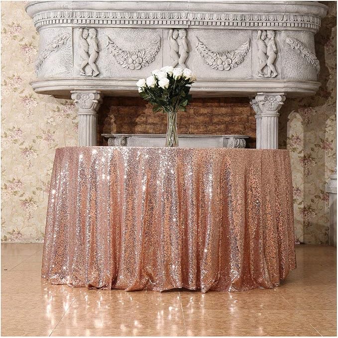 Poise3EHome 132 Inch Rose Gold Round Sequin Tablecloth for Party Cake Dessert Table Exhibition Events