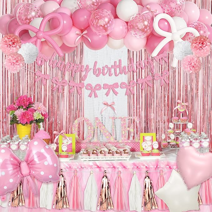 Pink Bow Birthday Party Decorations, Coquette Bow Light Pink and White Confetti Long Balloons Happy Birthday Banner Fringe Curtain Tassel Pompoms for Women Girls Theme Baby Shower Party Supplies
