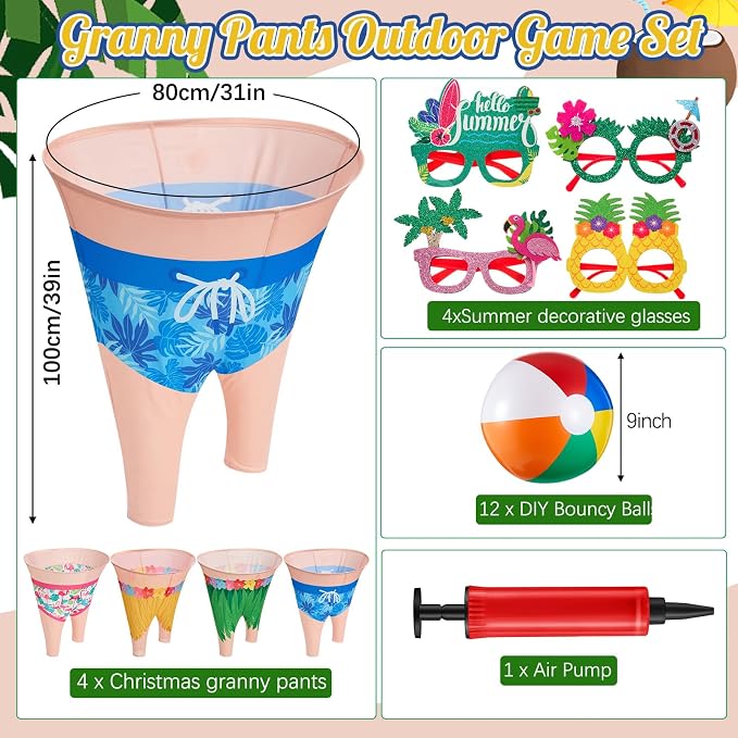 21 Pcs Hawaiian Luau Party Game Set, 4 Summer Theme Giant Granny Pants with 1 Pump 12 Beach Balls & 4 Funny Tropical Palm Flamingo Glasses, Outdoor Tossing Activity for Family Adults