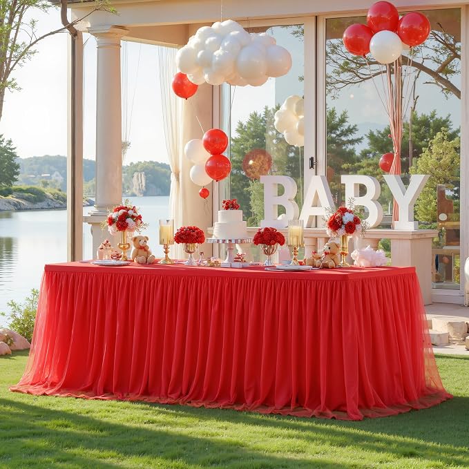 Red Tablecloth Rectangle 8 Foot Fitted Stretch Elastic Tulle Ruffle Tablecloths Rectangular Spandex Table Covers 8ft Birthday Baby Shower Wedding Party Table Cloths with Skirt