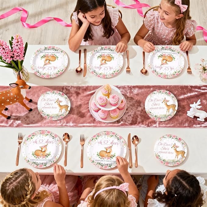 96Pcs Oh Deer She's Almost Here Baby Shower Party Pink Deer Tableware Set | Disposable Pink Deer Themed Woodland Animal Tableware for Girls Animal Baby Shower Gender Reveal Party Supplies Serves 24