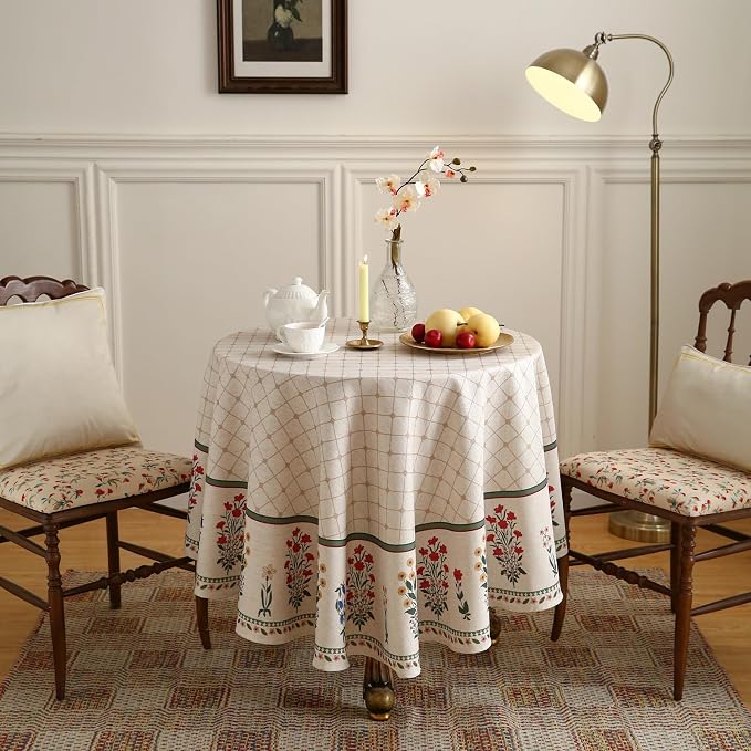 ISAENNE Designer French Round Linen Tablecloth,Diameter 67"-Bertina E | Elegant Vintage Table Cloth,Colorful Floral Pattern,Beautiful,Durable,Heavyweight,Dining Room,Kitchen,Thanksgiving,Decor