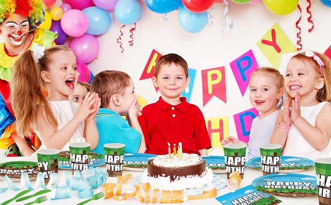 Green and Brown Party Decorations Mini Pixel Paper Plates and Napkins Video Game Themed Birthday Party Decorations Tableware Set for Kids Birthday Decor Serves 24