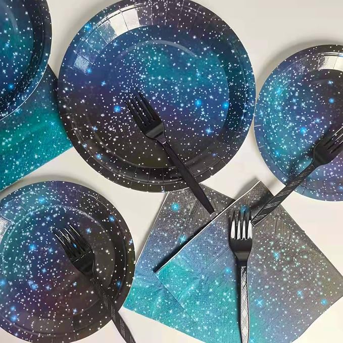 96 Pcs Galaxy Party Starry Night Supplies Tableware Set Outer Space Theme Birthday Star Party Table Decorations Solar System Paper Plates Napkins Forks for 24 Guests