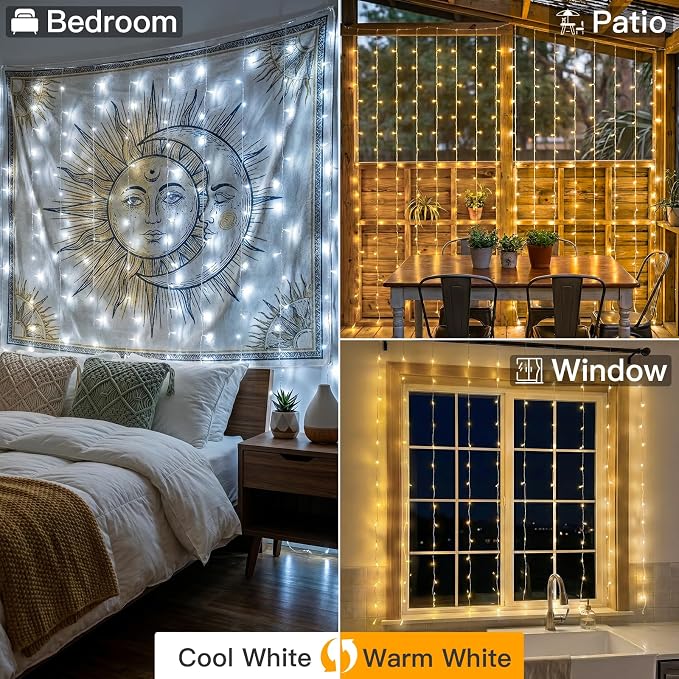 suddus Color Changing Curtain Lights, 200 Led Hanging Lights Outdoor, Fairy Curtain Lights Indoor for Christmas, Dorm, Wall, Backdrop, Window, Wedding, Party, Birthday Decor, Warm White & White