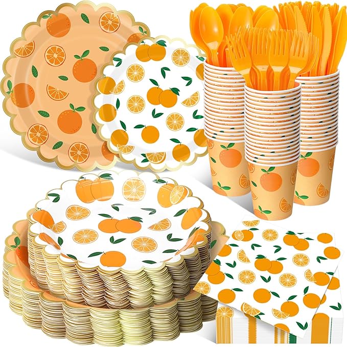 Funnymoom 400 Pcs Orange Party Supplies for 50 Guest Cutie Is on The Way Disposable Plates Napkin Cup Spoon Fork Knives for Tangerine Summer Outdoor Picnic Birthday Baby Shower Party Supplies