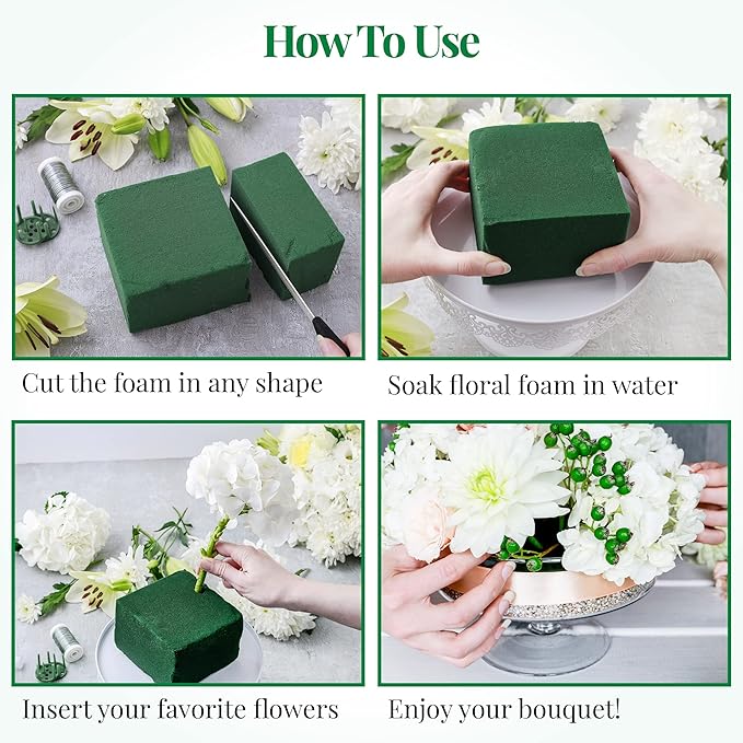 Noe & Malu Floral Foam Blocks – 8 Pack Large Green Flower Foam Bricks (9” x 4” x 3”) for Fresh & Artificial Flowers, Wet or Dry Floral Arrangement Supplies for Florists & DIY Crafts