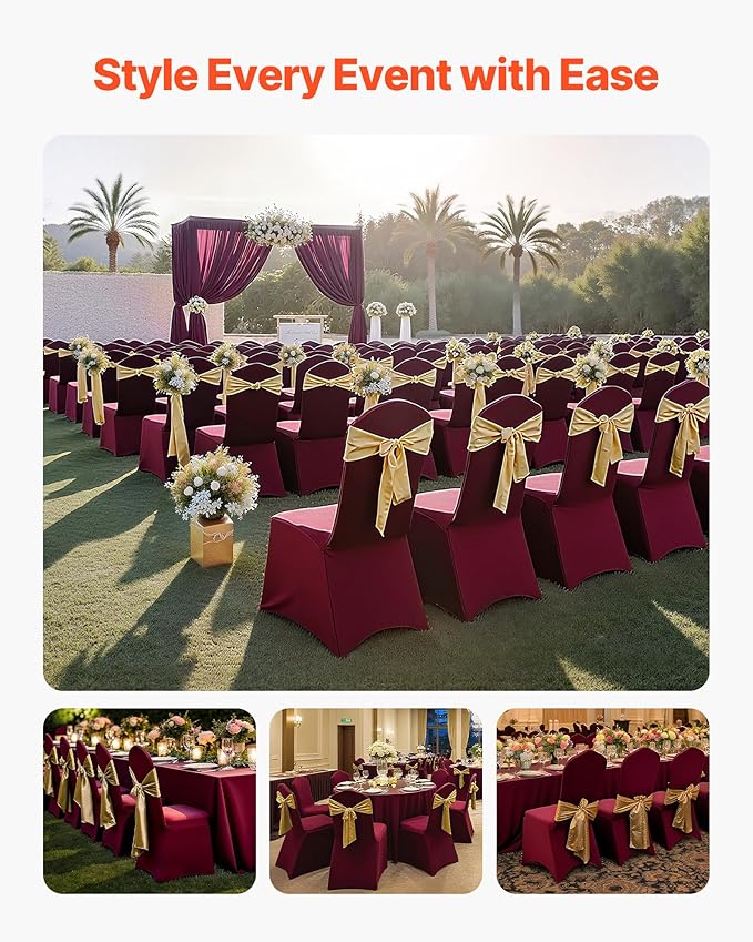 VEVOR Chair Covers, Polyester Spandex Chair Cover, Stretch Slipcovers for Wedding Party Dining Banquet Flat-Front Chair Covers (Burgundy-a, 50PCS)