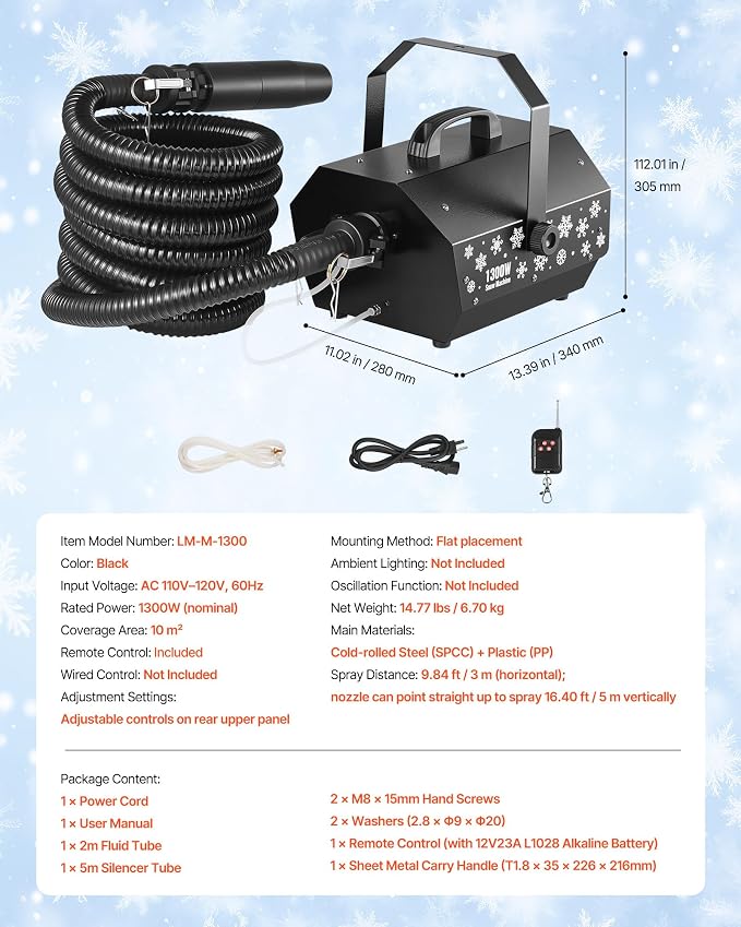 VEVOR Snow Machine, 1300W Super Silent Snow Maker, Portable Wireless Remote Control Snowmaking Machine, Outdoor & Indoor Snowflake Maker for Xmas Party Wedding Stages Mall Snowflake Effects Decor