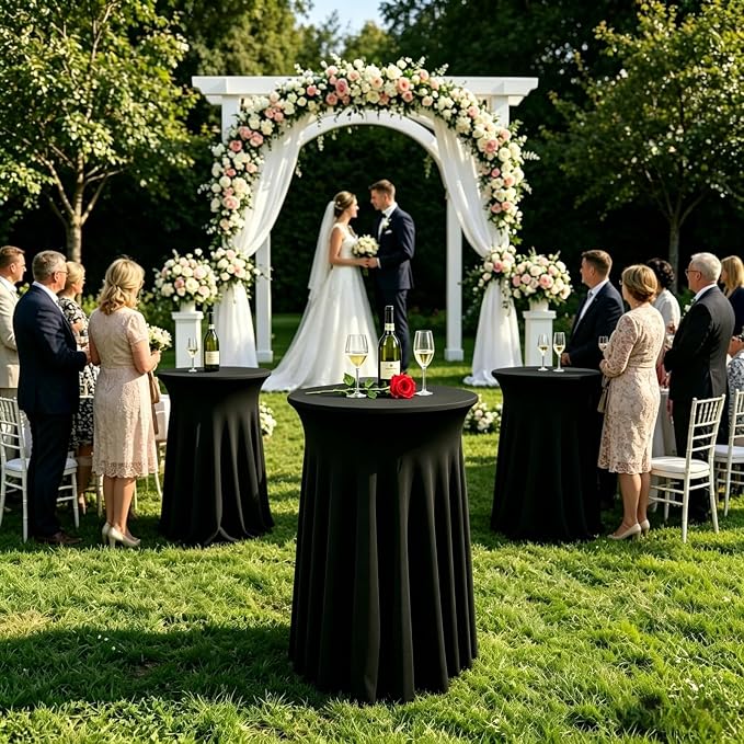 6 Pack Round Spandex Cocktail Table Tablecloth with Skirts, 32 x 43 Inch Black Spandex High Top Cocktail Table Covers, Stretch Fitted Round Cocktail Tablecloths for High Top Bar Party Wedding Banquet