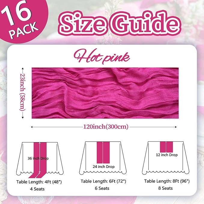 16 Pack Hot Pink Cheesecloth Table Runner 10ft Boho Gauze Fabric 120 Inch Cheese Cloth Table Runner Rustic Sheer for Holiday Baby Shower Party Décor Home Wedding Decoration