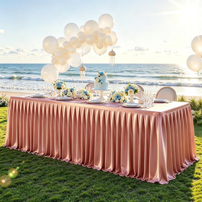 6 Packs Dusty Rose Satin Tablecloths Rectangle 8FT, Glitter Spandex Fitted Stretch Table Covers Wrinkle-Free Floor Length Shimmer Table Skirt for Weddings Parties Baby Shower Banquets Vendor Events