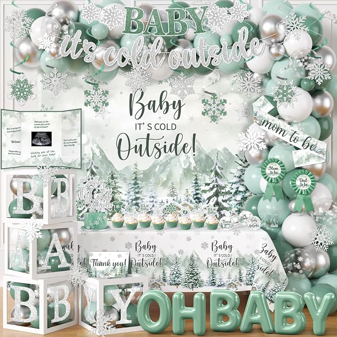 Baby It’s Cold Outside Baby Shower Decorations, Green Winter Baby Shower Decorations Winter Wonderland Tablecloth Banner Backdrop Balloon Box Cupcake Topper Hanging Swirl for Boy Girl Gender Reveal