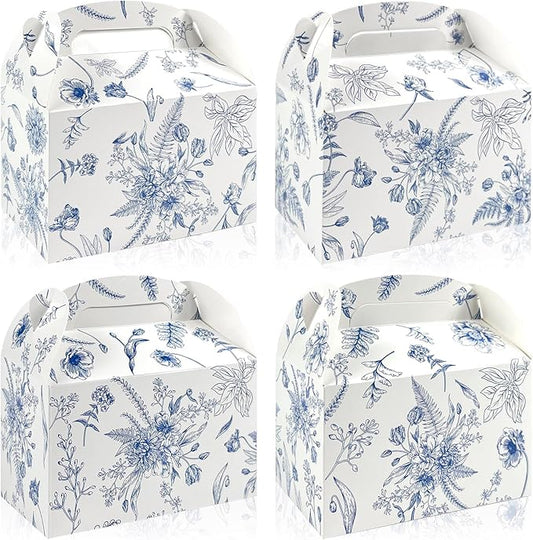 24 Pack Blue Floral Party Cardboard Treat Box with Handles Blue Floral Birthday Party Favor Boxes with Chinoiserie Floral Printed Goody Treat Boxes for Wedding Tea Bridal Shower Birthday Supplies