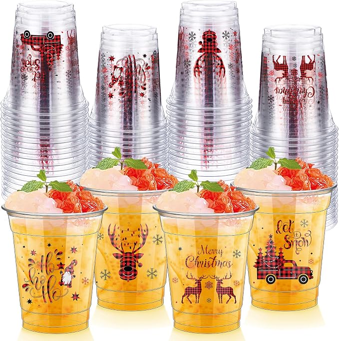 FoldTier 50 Pcs Merry Christmas Buffalo Plaid Plastic Cups - 12 oz Clear Disposable Drinking Cups for Home Xmas Theme Party Favors & Kitchen Supplies