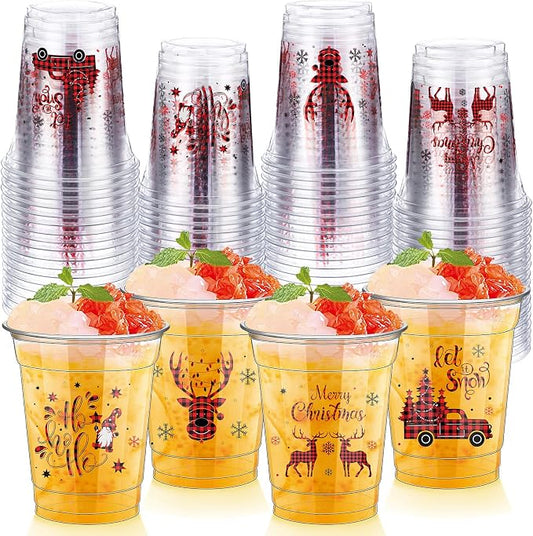 FoldTier 50 Pcs Merry Christmas Buffalo Plaid Plastic Cups - 12 oz Clear Disposable Drinking Cups for Home Xmas Theme Party Favors & Kitchen Supplies
