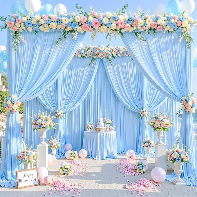 6 Panels Baby Blue Backdrop Curtain for Baby Shower Parties Light Blue Wrinkle Free 30ft x 10ft Backdrop Drapes for Birthday Photo Gender Reveal Photography Polyester Fabric Background Decoration