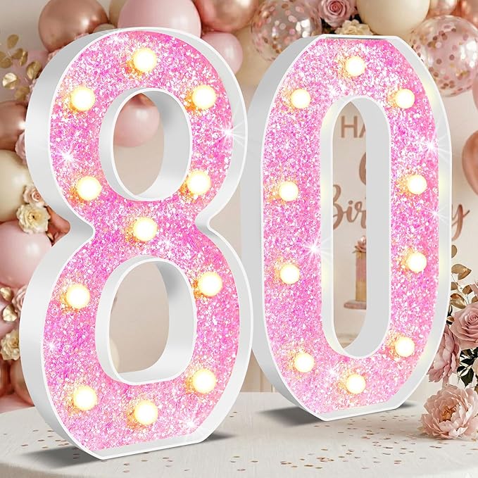 12.6 Inch LED Pink Marquee Light Up Numbers, Sweet 80th Birthday Decorations Number Lights as Gifts for Women, Glitter Lighted Marquee Numbers for Pink Anniversary Party Table Decor, 80