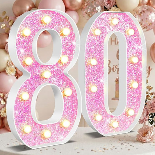 12.6 Inch LED Pink Marquee Light Up Numbers, Sweet 80th Birthday Decorations Number Lights as Gifts for Women, Glitter Lighted Marquee Numbers for Pink Anniversary Party Table Decor, 80
