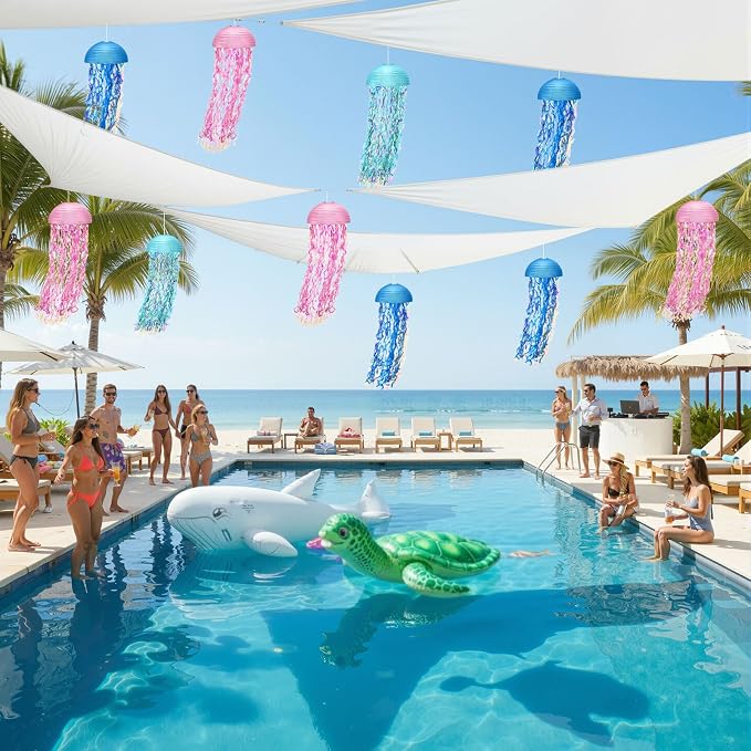 Baquler Set of 12 Jellyfish Paper Lanterns 10 Inch Semicircle Lanterns Hanging Decoration for Mermaid Sea Ocean Birthday Party Decorations (Pink, Light Blue, Light Purple, Royal Blue)